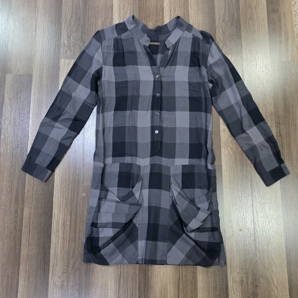 Loeffler Randall Classic Plaid 100% Silk Lined Shirt Dress Gray Buffalo Check. 4